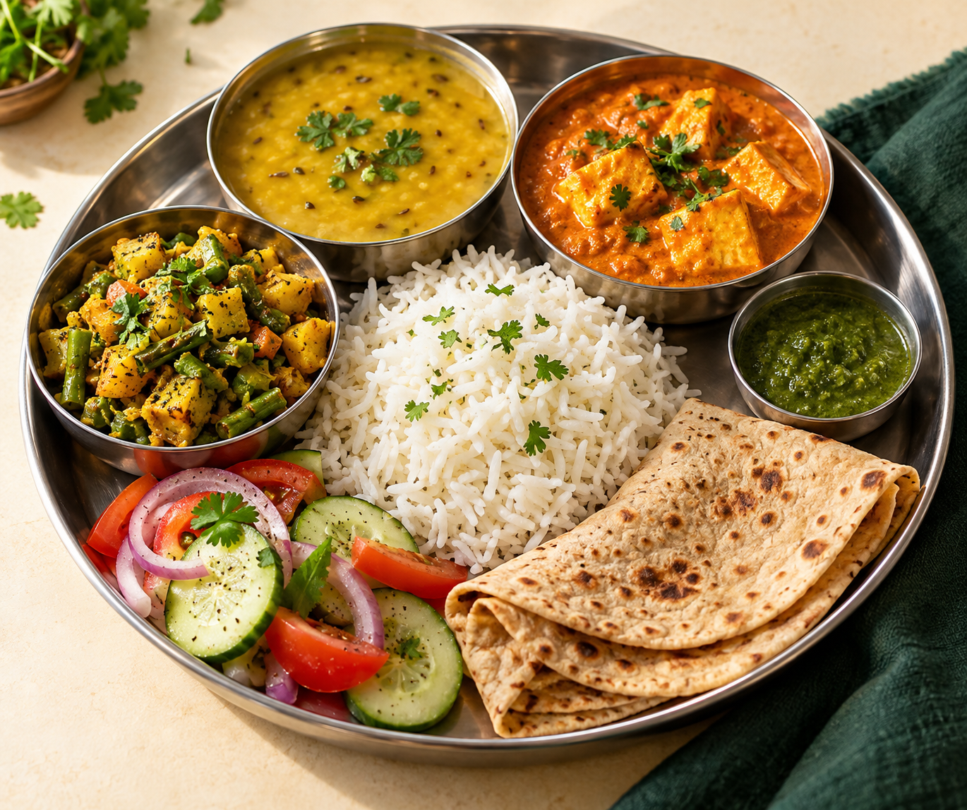 Fresh Indian lunch with rice, dal, roti, curry and salad